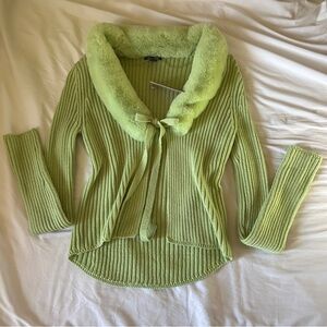 Wild Fable Light Green Ribbed Cardigan with Faux Fur Collar
